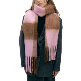 MININAI Women Chunky Plaid Scarf Oversized Big Grid Tassel Large Wrap Scarf Soft Fall Winter Thick Warm Shawl Scarves (Pink Brown)