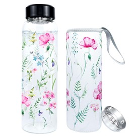 PAPU 1 Liter Trinkflasche Glas, 5,5 cm Weithals Glasflasche mit Schutzhülle & Edelstahl Sieb,BPA-frei,Auslaufsichere Trinkflasche Kohlensäure Geeignet für Sport,Büro(Rosaviolett)