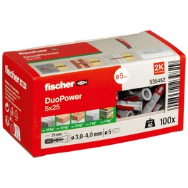 Fischer DUOPOWER 5 x 25, universal dowels, powerful 2-component dowels, plastic dowels for attaching to concrete, bricks, stone, plasterboard and much more, without screws, pack of 100