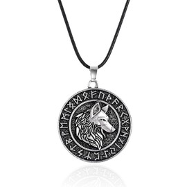 CERSLIMO Viking Necklace for Men - Norse Runes Circle Wolf Pendant Necklace Talisman Amulet Jewelry, Stainless Steel Viking Runes Necklace for Men Women