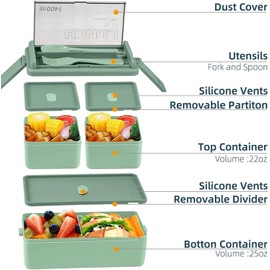 Azaya Ruby Lunch Box 1400ml Bento Box with Spoon, Fork, 2 Layer 4 Compartments Leak Proof Meal Prep Container Box for Adults Kids. Two Tone Green Colour. Added Quick Meal Preparation Guide.