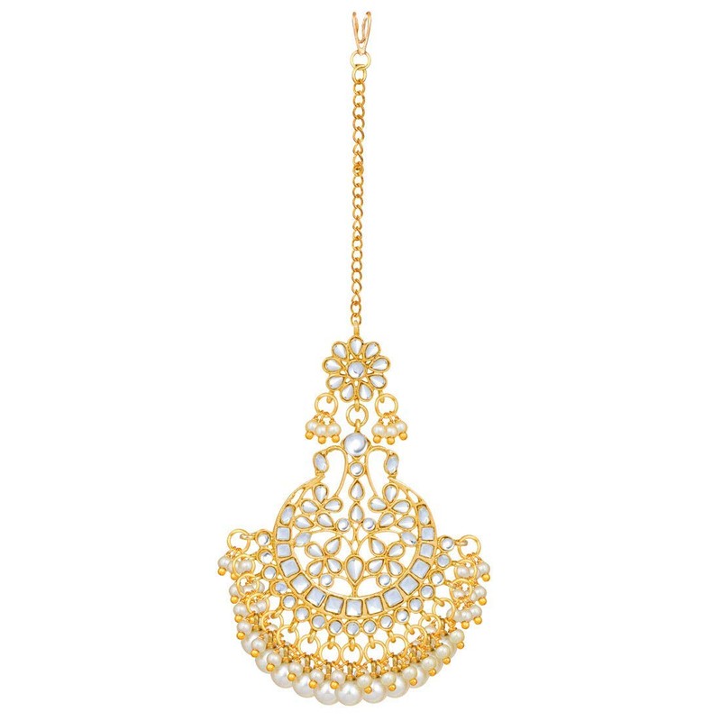 Aheli Indian Wedding Kundan Pearl Maang Tikka con pendiente Set