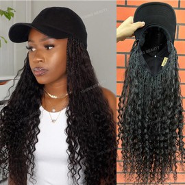 YOUNG BEAUTY Boho Box Braids Hat Wigs with Human Hair Curly Ends Grab-and-Go Boho Braided Hair Extensions with Baseball Cap for Women Natural Black