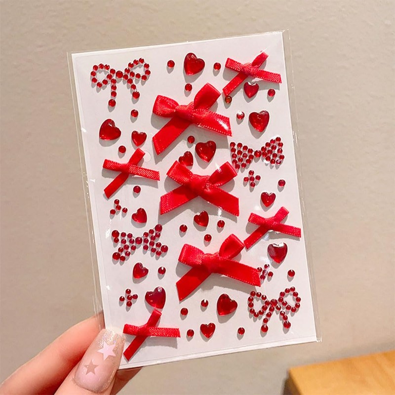 2pcs Cute Face Stickers Heart Ribbon Glitter Nail Deco Parts