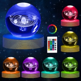 HOTUT 3D Solar System Crystal Ball, 16 Colors 3D Planets Crystal Ball with Wooden Base, Space Galaxy Crystal Ball with Remote Control, 3D Crystal LED Night Light Tabletop for Birthday Gift Home Decor