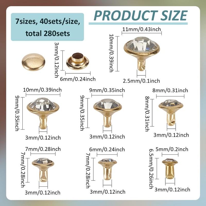 FINGERINSPIRE 280 Set 7 Sizes Clear Rhinestone Rivets 5/6/7/8/9/10/11 mm