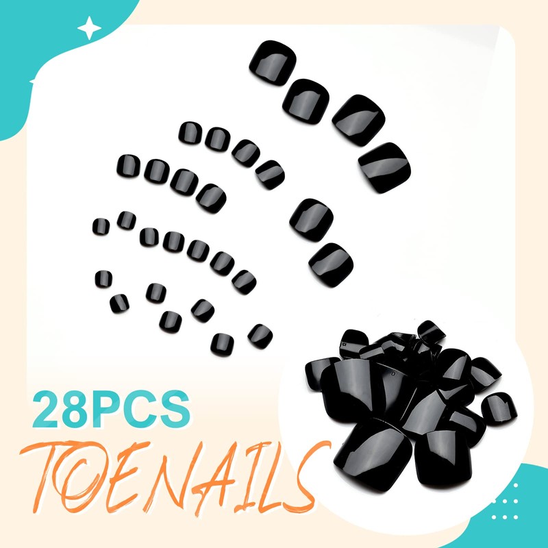Artquee 28pcs Solid Black Press on Toenails Short Fake Toe