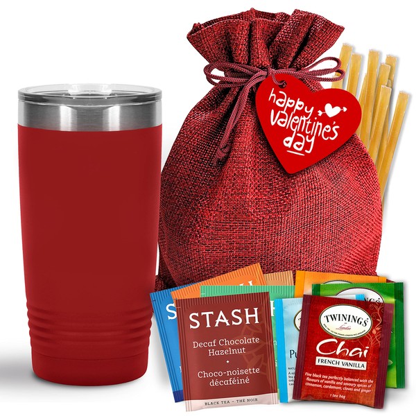 Bellina Tea Gift Baskets for Women and Men - Tea Valentines Day Gift for a Special Someone, Tea Mug Gift Set With Insulated Tea Tumbler, 20 Premium Teas, 10 Honey Straws, Gift Tag, Red Gift Bag