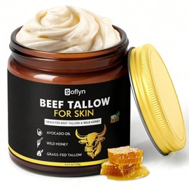 Sarga de ternera para la piel – Sarga de ternera batida alimentada con pasto y bálsamo de miel – Crema hidratante facial natural para hidratación profunda – Cuidado nutritivo para piel seca, sensible y madura – Labios y cuerpo – Tarro de 4.2 onzas