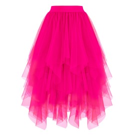 Ellames Women's Tulle Skirts High Low Layered Puffy Fairy Skirts Midi Length Irregular Tutu Skirt Fuchsia X-Large