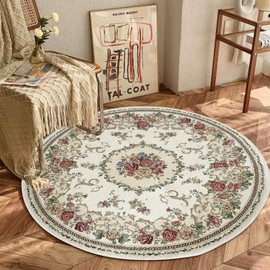ABREEZE Rustic Floral Area Rugs Country Rose Mats Medallion Round Mats Vintage Rugs for Playroom/Living Room/Bedroom Non Slip Floral Rugs for Kids, Girls 39.3''Round,Romantic Garden
