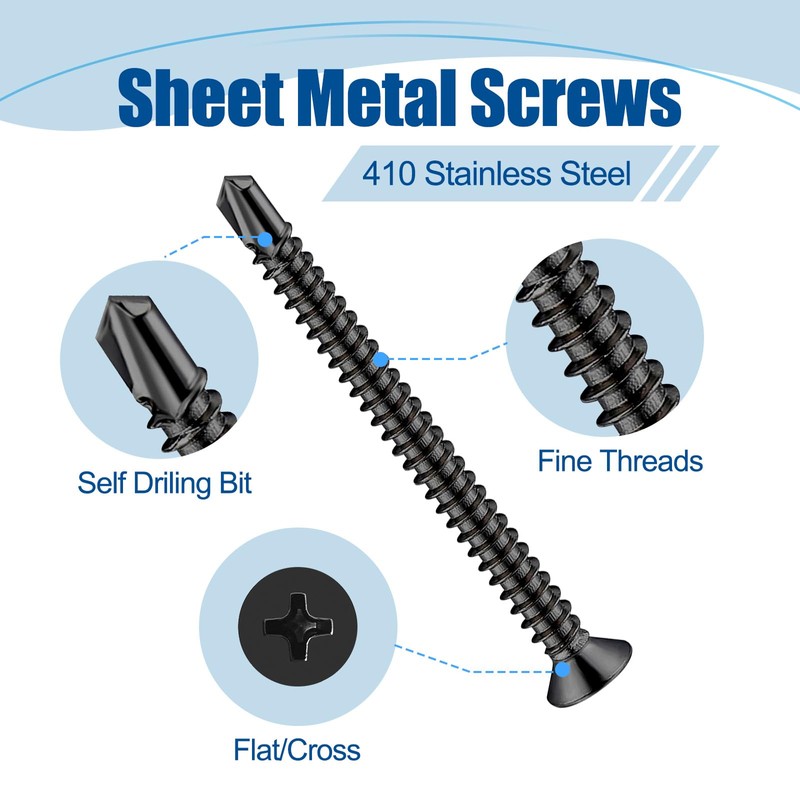 ANCHOREASE #8×1-1/4″ Sheet Metal Screws 200Pcs, 410 Stainless Steel Black