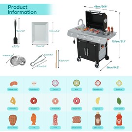 EDUBEBO Realistic Kids Wooden BBQ Grill Playset - Toddler Play Grill Station for Indoor & Outdoor, Pretend Play Toy Grill for Kids Ages 3-8, Wooden Kitchen Cooking Toy with Toy Food & Grilling Tools