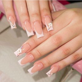 Goiern 3D Flower Fake Nails Square Pink French Press On Nails Long Bling Glossy Rhinestone False Nail Tips Artificial Nails Finger Manicure for Women and Girls 24 Pieces