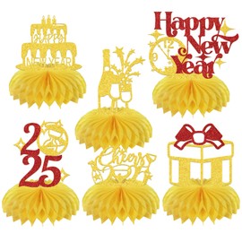 6Pcs 2025 Happy New Year Centerpiece Honeycomb, New Years Eva Party Table Decorations, Centerpieces for Happy New Year Holiday Party, Celebration Christmas New Year Party Supplies Gold Red Glitter