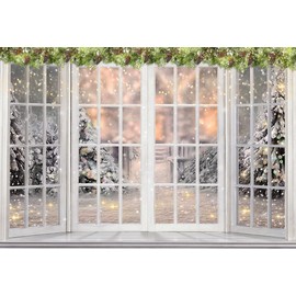 7X5ft Christmas Background White Window Background Outdoor Snow View Forest Backdrop for Christmas New Year Party Backdrop