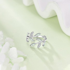 Leaf Rings S925 Sterling Silver Opal Ring Adjustable Ring For Women White Opal Leaf Jewellery Gifts For Mom Lover (6)