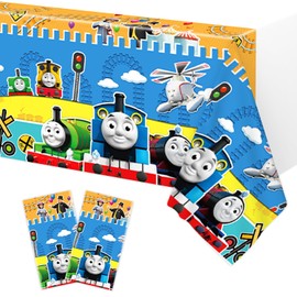 Autrpoweo 2Pcs Train Friends Tablecloth Disposable Tablecover Birthday Party Supplies for Kid Boy Baby Shower Rectangle Tables 70"X42",2 Pack (Blue2)