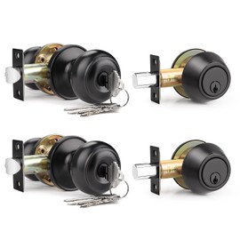 Brotima 2 Pack Keyed Alike Front Door Knob and Deadbolt Set, Entry Door Locksets with Single Cylinder Deadbolt, Matte Black Flat Round Door Lock Set for Bedroom/Office/Exterior Doors