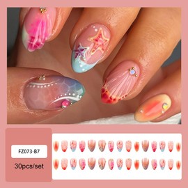 LPOODDNU Summer Press on Nails Almond Fake Nails 3D Ocean Style Starfish Shell Glue on Nails Glossy Pink Blue False Nails Medium French Stick on Nails Cute Artificial Nails for Women Manicure 24Pcs