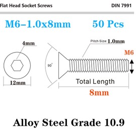 50 Pcs M6-1.0 x 8mm Flat Head Socket Cap Screws, Alloy Steel Grade 10.9, DIN 7991, Allen Socket Drive,Hex Drive,Black Oxide Finish (M6-1.0 x 8mm)