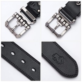 BISON DENIM Men's Belt Leather Dress Genuine Leather Classic Heavy Duty Buckle Belt Casual for Jeans, Silver buckle + black belt, Length 130 cm, fit for waist 43 - 45 inches