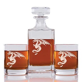Abby Smith Dragon Engraved Decanter and Rock Glasses, Set of 3