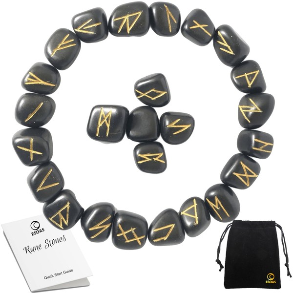 Esoas Viking Celtic Runes, Set x25 Stones (Black Agate) with Bag Ideal for Clairvoyance, Divination and Magic. Futhark Runic Alphabet, Oracle of Nordic Mythology Wicca Objects