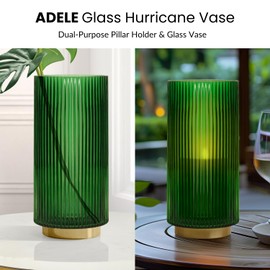 Torre & Tagus Adele Emerald Green Glass Vase with Gold Metal Base - Premium 10 Inch Glass Cylinder Vase for Decor & Ribbed Glass Vase for Flowers, Emerald Green and Gold Decor for Table Centerpiece