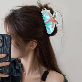 1Pack Starfish Hair Claw Clip - Summer Beach Starfish Hair Clip Blue Acetate Non Slip Hair Jaw Barrettes Exquisite Crystal Marine Life Starfish Hair Clamp Strong Hold Hair Accessories for Women Girls