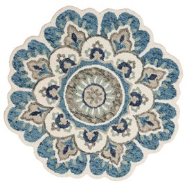LR Home Edged Flora Area Rug, 6' Round, Ivory and Teal