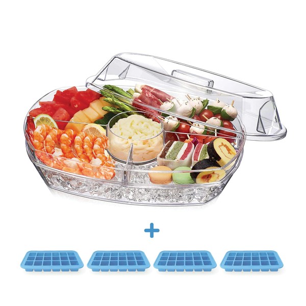 INNOVATIVE LIFE Appetizer Serving Tray on Ice, 15 Inch Party Platter with 4 Ice Cube Tray, Kitchen Chilled Food Bowl with Compartment and Lids for Shrimp, Fruits, Vegetables, Salads, Sushi, Clear