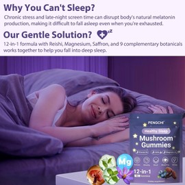 PENGCHI Mushroom Sleep Gummies - for Adult | Reishi, Saffron, Vitamin B6, Magnesium, Passionflower, GABA & Chamomile - Calm & Relaxation Support, Restful