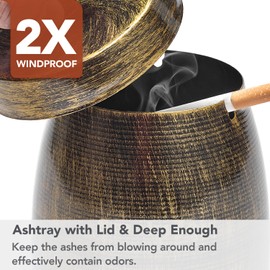 Ashtray with Lid for Outside Patio, Windproof Ash Tray, Bronze Smokeless Ashtray for Outdoor Home Office Tabletop Patio Outdoor Balcony, Medium
