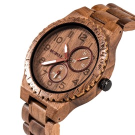 BEWELL Mens Wood Watch Quartz Analog Date Display Luminous Retro Handmade Wooden Wristwatch for Men (Walnut)