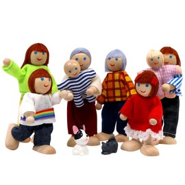 SumDirect Sets of 8 People Wooden Family Doll Toys, Lovely Happy Family Dolls Playset Doll House Accessories for Doll House Kids Children Toy (Style 5)