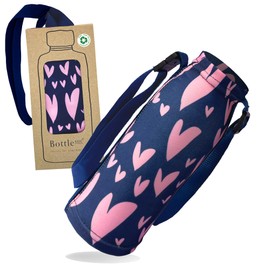 Bottlesoc Water Bottle Holder with Shoulder Strap | Pink Heart Design - Washable Cover for Walking and Travel | Eco-Friendly Case with Adjustable Strap | Stretchy and Reusable