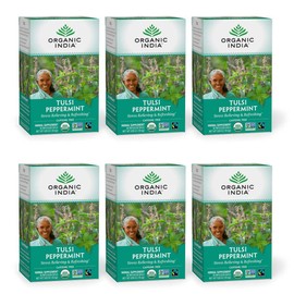 ORGANIC INDIA Tulsi Peppermint Tea - Caffeine Free Herbal Mint Tea - Stress Relieving Holy Basil, Immune Support, Aids Digestion, Vegan, USDA Certified Organic, Fairtrade - 18 Infusion Bags, 6 Pack