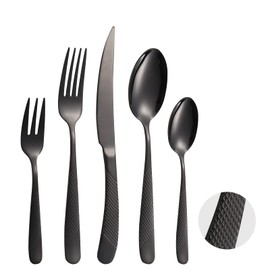 A·HOUSEWARE Black Silverware Hammered Flatware Kichen Stainless Steel Cutlery Set for 4 include Metallic Forks Knives Spoons 20 Pieces Utensils Restaurant Parties Everyday Use