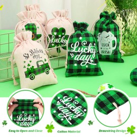 24 Pcs St Patrick's Day Gift Bag with Drawstring Shamrock Cotton Treat Bags Candy Pouch Sacks Irish Party Favor Bag Green Plaid Pouch Bag for Saint Patrick's Day Irish Party Supplies (4 x 6 Inch)