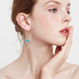 March Birthstone Dangle Drop Earrings - 925 Sterling Silver Aquamarine Linear Swirl French Wire Earrings Infinity Gem Piercing Blue CZ Earring, Classic Jewelry Birthday Gifts for Women Girls