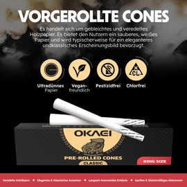 OKAEI Classic King Size Cones 50 Stück - vorgedrehte weiße Rolling Paper Hülsen, ultradünn & langsam brennend, vegan