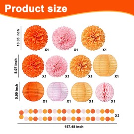 SINGOMON 13PCS Boho Decorations Boho Paper Lanterns Orange Pink Tissue Paper Pom Poms Kit Pink Paper Lanterns Orange Yellow Pink Circle Dots Hanging Garlands for Baby Shower Birthday Decorations