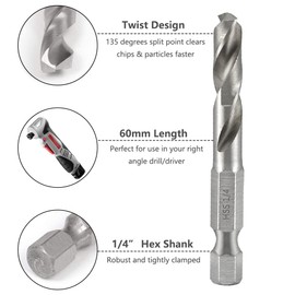 Saipor 5pcs 1/4" Quick Change Hex Shank Metal Stubby Drill Bits Short Drill Bit Set HSS M2 for Right-angle Drill Attachment and Used in Tight Spaces, 3/32, 1/8, 3/16, 1/4, 5/16-Inch