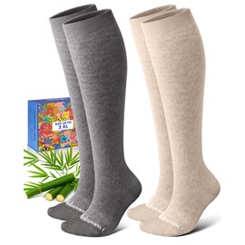 Lalapapa Bamboo Viscose Compression Socks for Women Men - 2 Pairs 15-20mmHg Knee High Graduated Compression Socks for Women Men Cute Breathable for Nurse Pregnancy Travel, Grey & Oatmeal, L / XL