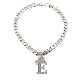 iJewelry2 Kings and Queens Crowned Letter E Crystals Pendant Silver-Tone Cuban Linked Chain Initial Necklace