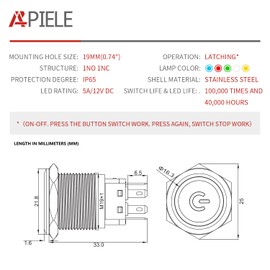 APIELE 19mm Latching Push Button Switch 3/4" 12V DC Power Symbol LED with Socket Plug 1NO1NC SPDT ON/Off（ Blue）