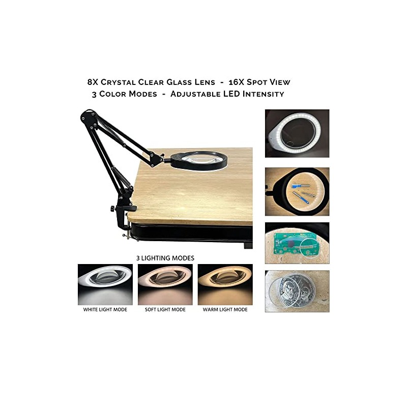 iGaging Magnifier LED Light Desk Magnifying Glass Lamp 8X 16X