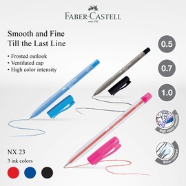 Faber-Castell NX 23 Ball Pen Pack of 4 (0.5/0.7/1.0mm - Black/Blue/Red) -Frosted Design, Matte Grip, Super Smooth Pen, Ventilated Cap, Water Resistant, Needle Point (1.0mm (Black))
