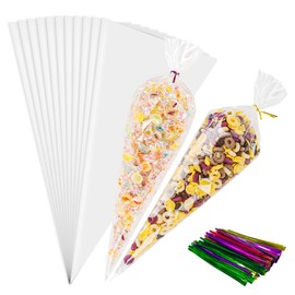 NPLUX 100 Pack Cellophane Bags,Clear Flat bottom Cellophane Treat Bags with 100 Pack Twist Ties for Candy Popcorn Cookie Small Gift Wrapping（5x10 Inches)
